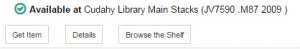 shows that a book is available at Cudahy Library Main Stacks